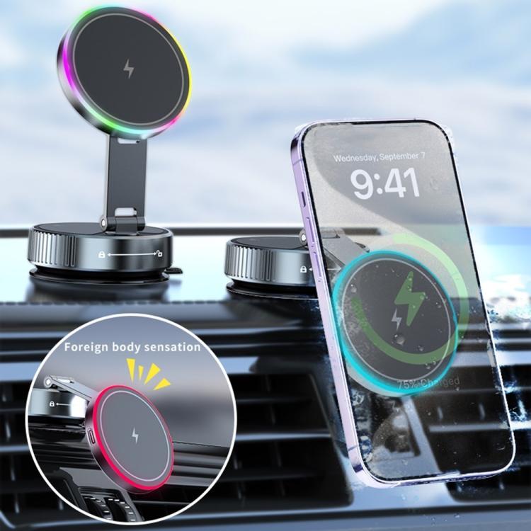K3 With Colorful Light Rotating Magnetic Car Wireless Charging Vacuum Sucker Phone Stand, K3