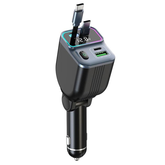 GC15 With Dual Retractable Type-C Cables Real Time Voltage Monitor Fast Charging Car Charger, GC15