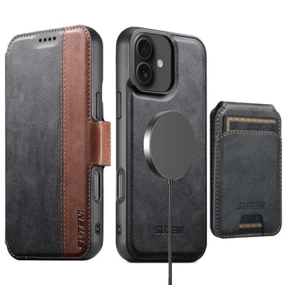 Suteni Q07S2 3-in-1 Detachable Vertical Flip Wallet MagSafe Splicing Leather Phone Case, For iPhone 16 Pro Max, For iPhone 16 Pro, For iPhone 16 Plus, For iPhone 16, For iPhone 15 Pro Max, For iPhone 15 Pro, For iPhone 15 Plus, For iPhone 15�����������...
