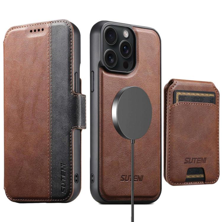 Suteni Q07S2 3-in-1 Detachable Vertical Flip Wallet MagSafe Splicing Leather Phone Case, For iPhone 17 Pro Max, For iPhone 17 Pro, For iPhone 17, For iPhone Air, For iPhone 16 Pro Max, For iPhone 16 Pro, For iPhone 16 Plus, For iPhone 16               ...