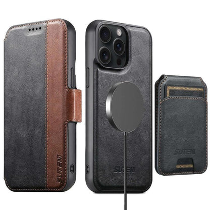 Suteni Q07S2 3-in-1 Detachable Vertical Flip Wallet MagSafe Splicing Leather Phone Case, For iPhone 17 Pro Max, For iPhone 17 Pro, For iPhone 17, For iPhone Air, For iPhone 16 Pro Max, For iPhone 16 Pro, For iPhone 16 Plus, For iPhone 16               ...