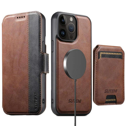 Suteni Q07S2 3-in-1 Detachable Vertical Flip Wallet MagSafe Splicing Leather Phone Case, For iPhone 17 Pro Max, For iPhone 17 Pro, For iPhone 17, For iPhone Air, For iPhone 16 Pro Max, For iPhone 16 Pro, For iPhone 16 Plus, For iPhone 16               ...