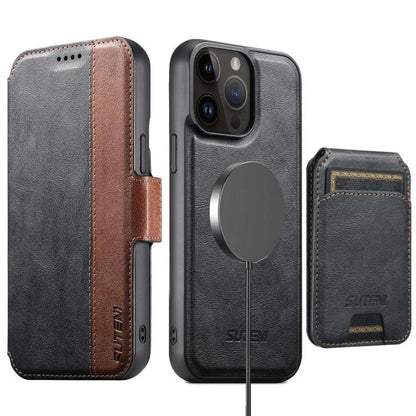 Suteni Q07S2 3-in-1 Detachable Vertical Flip Wallet MagSafe Splicing Leather Phone Case, For iPhone 17 Pro Max, For iPhone 17 Pro, For iPhone 17, For iPhone Air, For iPhone 16 Pro Max, For iPhone 16 Pro, For iPhone 16 Plus, For iPhone 16               ...