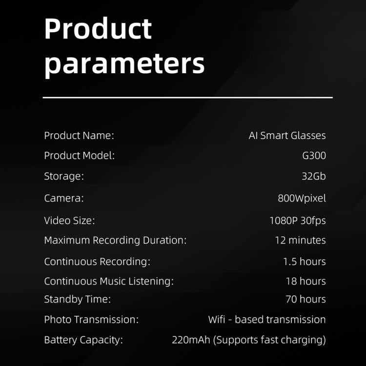 Lunettes intelligentes G300, prenant en charge la traduction IA / la prise de photos / les appels vocaux