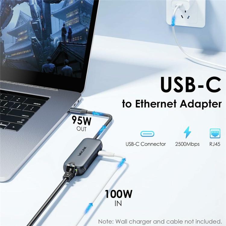 Convertisseur réseau WAVLINK NWU330GD USB-C vers RJ45 2,5 Gbit/s avec sortie PD 95 W, NWU330GD