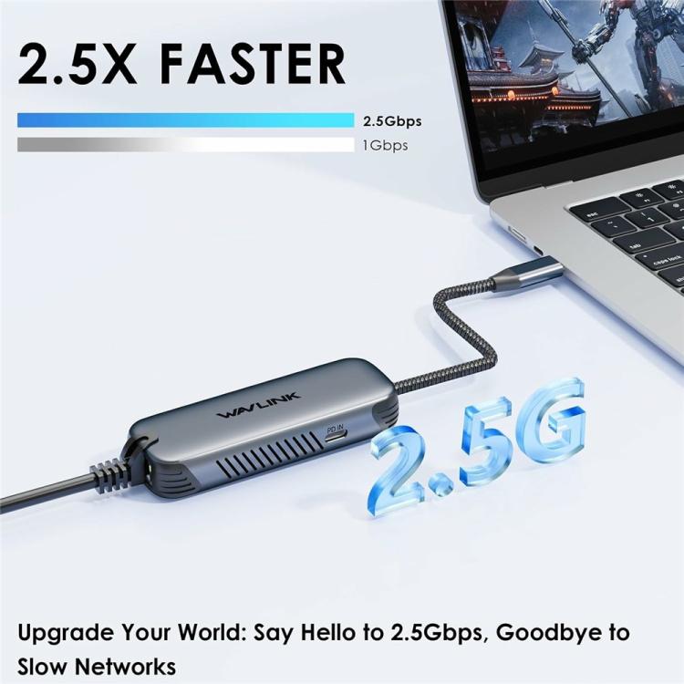 Convertisseur réseau WAVLINK NWU330GD USB-C vers RJ45 2,5 Gbit/s avec sortie PD 95 W, NWU330GD