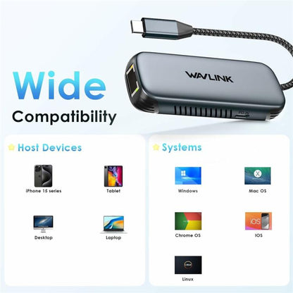 Convertisseur réseau WAVLINK NWU330GD USB-C vers RJ45 2,5 Gbit/s avec sortie PD 95 W, NWU330GD