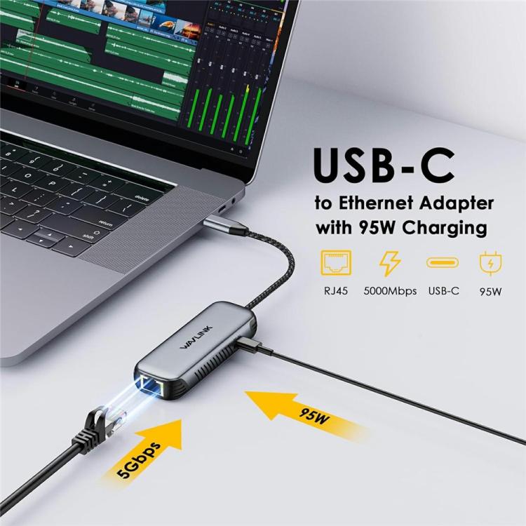 WAVLINK NWU340GD With 95W Charging Port 5Gbps USB-C to RJ45 Ethernet Adapter Converter, NWU340GD