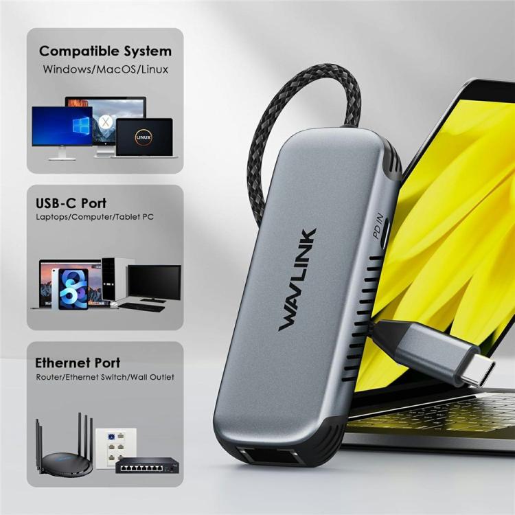 WAVLINK NWU340GD With 95W Charging Port 5Gbps USB-C to RJ45 Ethernet Adapter Converter, NWU340GD