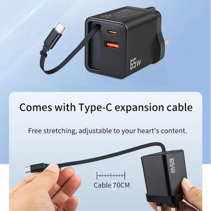 FC1 3-in-1 70cm Retractable Type-C Cable, PD3.0, QC3.0 USB Phone Charger, US Plug, US Plug