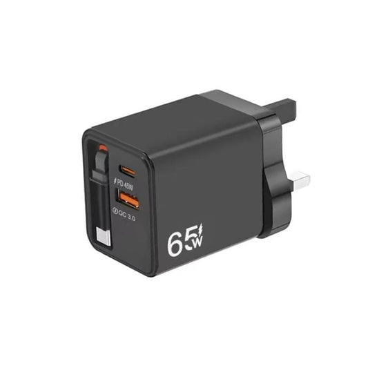 FC1 3-in-1 70cm Retractable Type-C Cable, PD3.0, QC3.0 USB Phone Charger, UK Plug, UK Plug