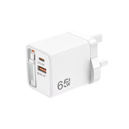 FC1 3-in-1 70cm Retractable Type-C Cable, PD3.0, QC3.0 USB Phone Charger, UK Plug