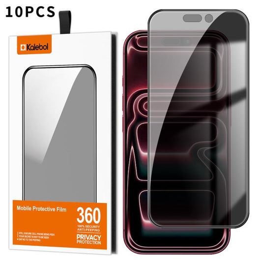 10pcs Kalebol High-Aluminum Screen-Printed Full-Coverage Black-Border Privacy Tempered Glass Film, For iPhone 18 Pro, For iPhone 18 Pro Max, For iPhone 17 Pro Max, For iPhone 17 Pro, For iPhone 17, For iPhone Air, For iPhone 16 Pro Max, For iPhone 16 P...