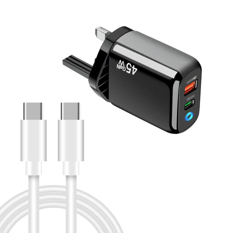 TE-PD45 GaN 45W PD3.0 / Type-C + USB 3.0 Charger with Type-C to Type-C Data Cable, UK  Plug
