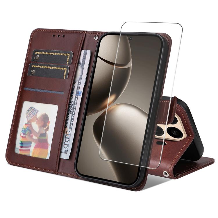 ENKAY Card Wallet Calf Texture Leather Phone Case with 0.18mm High Aluminum-silicon Glass Film, For Xiaomi 17T Pro, For Xiaomi 17T, For Xiaomi Poco X8 Pro Max 5G, For Xiaomi Poco X8 Pro 5G, For Xiaomi 17 Ultra, For Xiaomi 17 Pro Max, For Xiaomi 17 Pro ...