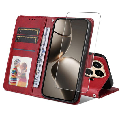 ENKAY Card Wallet Calf Texture Leather Phone Case with 0.18mm High Aluminum-silicon Glass Film, For Xiaomi 17T Pro, For Xiaomi 17T, For Xiaomi Poco X8 Pro Max 5G, For Xiaomi Poco X8 Pro 5G, For Xiaomi 17 Ultra, For Xiaomi 17 Pro Max, For Xiaomi 17 Pro ...