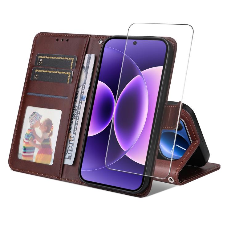 ENKAY Card Wallet Calf Texture Leather Phone Case with 0.18mm High Aluminum-silicon Glass Film, For Xiaomi 17T Pro, For Xiaomi 17T, For Xiaomi Poco X8 Pro Max 5G, For Xiaomi Poco X8 Pro 5G, For Xiaomi 17 Ultra, For Xiaomi 17 Pro Max, For Xiaomi 17 Pro ...