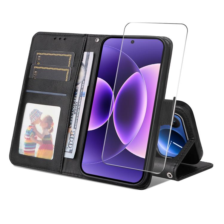 ENKAY Card Wallet Calf Texture Leather Phone Case with 0.18mm High Aluminum-silicon Glass Film, For Xiaomi 17T Pro, For Xiaomi 17T, For Xiaomi Poco X8 Pro Max 5G, For Xiaomi Poco X8 Pro 5G, For Xiaomi 17 Ultra, For Xiaomi 17 Pro Max, For Xiaomi 17 Pro ...