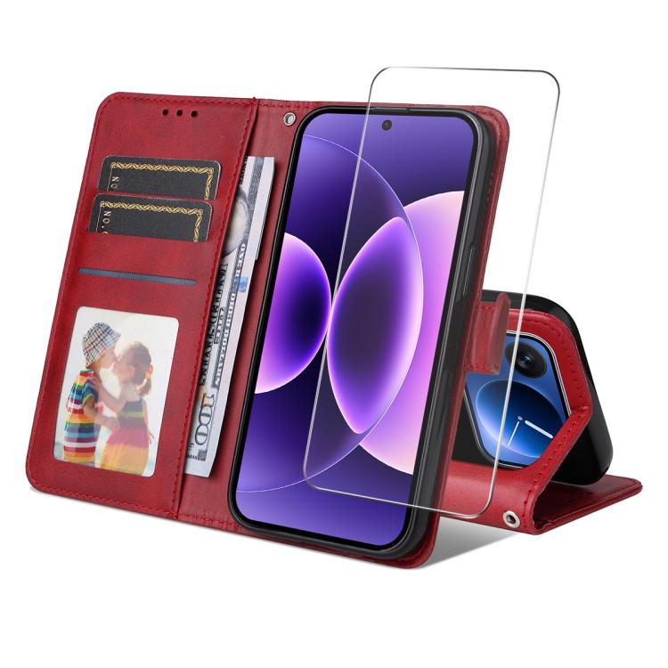 ENKAY Card Wallet Calf Texture Leather Phone Case with 0.18mm High Aluminum-silicon Glass Film, For Xiaomi 17T Pro, For Xiaomi 17T, For Xiaomi Poco X8 Pro Max 5G, For Xiaomi Poco X8 Pro 5G, For Xiaomi 17 Ultra, For Xiaomi 17 Pro Max, For Xiaomi 17 Pro ...
