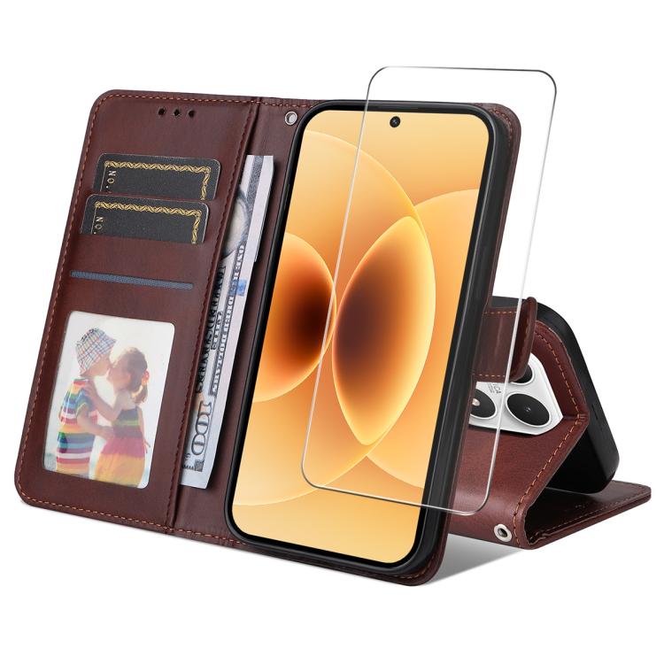 ENKAY Card Wallet Calf Texture Leather Phone Case with 0.18mm High Aluminum-silicon Glass Film, For Xiaomi 17T Pro, For Xiaomi 17T, For Xiaomi Poco X8 Pro Max 5G, For Xiaomi Poco X8 Pro 5G, For Xiaomi 17 Ultra, For Xiaomi 17 Pro Max, For Xiaomi 17 Pro ...
