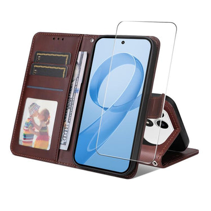 ENKAY Card Wallet Calf Texture Leather Phone Case with 0.18mm High Aluminum-silicon Glass Film, For Xiaomi 17T Pro, For Xiaomi 17T, For Xiaomi Poco X8 Pro Max 5G, For Xiaomi Poco X8 Pro 5G, For Xiaomi 17 Ultra, For Xiaomi 17 Pro Max, For Xiaomi 17 Pro ...
