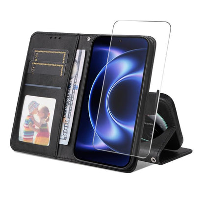 ENKAY Card Wallet Calf Texture Leather Phone Case with 0.18mm High Aluminum-silicon Glass Film, For Xiaomi 17T Pro, For Xiaomi 17T, For Xiaomi Poco X8 Pro Max 5G, For Xiaomi Poco X8 Pro 5G, For Xiaomi 17 Ultra, For Xiaomi 17 Pro Max, For Xiaomi 17 Pro ...