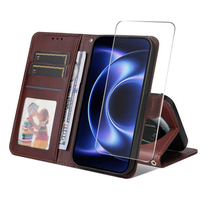 ENKAY Card Wallet Calf Texture Leather Phone Case with 0.18mm High Aluminum-silicon Glass Film, For Xiaomi 17T Pro, For Xiaomi 17T, For Xiaomi Poco X8 Pro Max 5G, For Xiaomi Poco X8 Pro 5G, For Xiaomi 17 Ultra, For Xiaomi 17 Pro Max, For Xiaomi 17 Pro ...