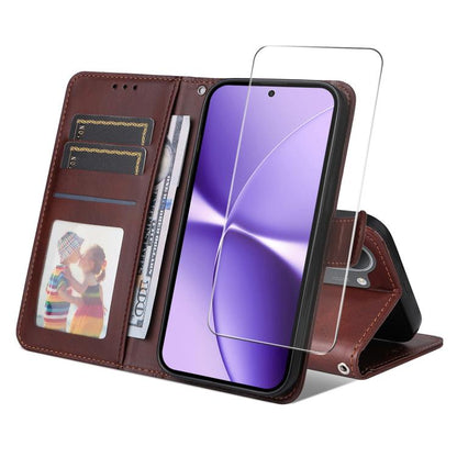 ENKAY Card Wallet Calf Texture Leather Phone Case with 0.18mm High Aluminum-silicon Glass Film, For Xiaomi 17T Pro, For Xiaomi 17T, For Xiaomi Poco X8 Pro Max 5G, For Xiaomi Poco X8 Pro 5G, For Xiaomi 17 Ultra, For Xiaomi 17 Pro Max, For Xiaomi 17 Pro ...