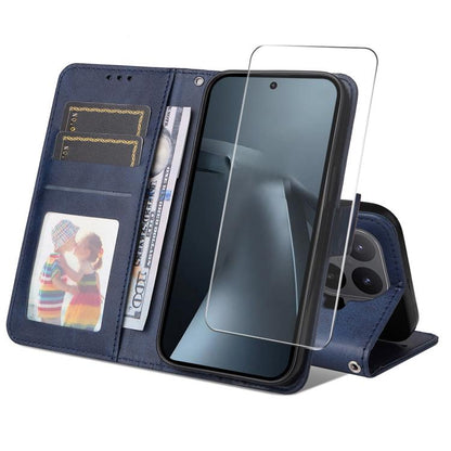 ENKAY Card Wallet Calf Texture Leather Phone Case with 0.18mm High Aluminum-silicon Glass Film, For Xiaomi 17T Pro, For Xiaomi 17T, For Xiaomi Poco X8 Pro Max 5G, For Xiaomi Poco X8 Pro 5G, For Xiaomi 17 Ultra, For Xiaomi 17 Pro Max, For Xiaomi 17 Pro ...