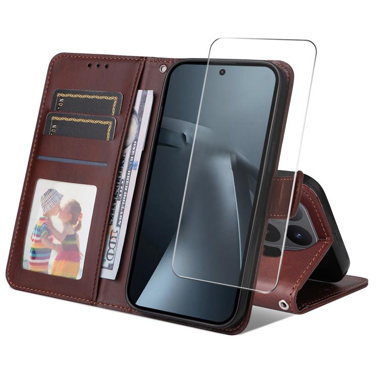 ENKAY Card Wallet Calf Texture Leather Phone Case with 0.18mm High Aluminum-silicon Glass Film, For Xiaomi 17T Pro, For Xiaomi 17T, For Xiaomi Poco X8 Pro Max 5G, For Xiaomi Poco X8 Pro 5G, For Xiaomi 17 Ultra, For Xiaomi 17 Pro Max, For Xiaomi 17 Pro ...