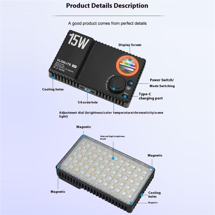 VLOGLITE K15RGB Photography Studio Camera Lamp 15W Full Color Fill Light RGB LED Video Light, K15RGB