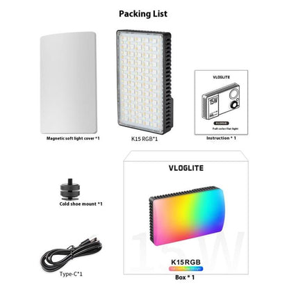 VLOGLITE K15RGB Photography Studio Camera Lamp 15W Full Color Fill Light RGB LED Video Light, K15RGB