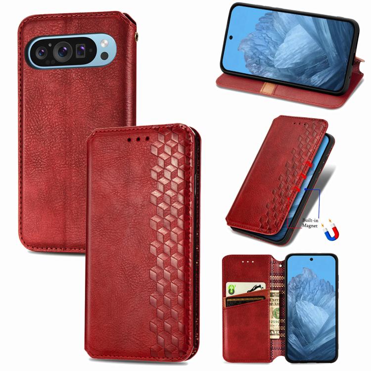 Cubic Grid Pressed Magnetic Leather Phone Case, For Google Pixel 10a, For Google Pixel 10 Pro XL, For Google Pixel 9 Pro XL, For Google Pixel 10 / 10 Pro, For Google Pixel 9 / 9 Pro
