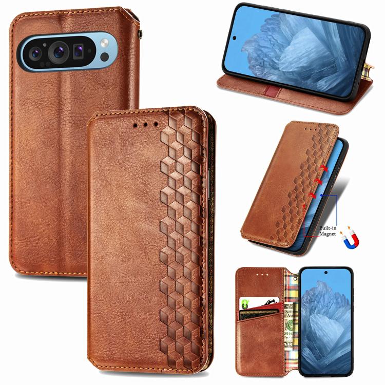 Cubic Grid Pressed Magnetic Leather Phone Case, For Google Pixel 10a, For Google Pixel 10 Pro XL, For Google Pixel 9 Pro XL, For Google Pixel 10 / 10 Pro, For Google Pixel 9 / 9 Pro
