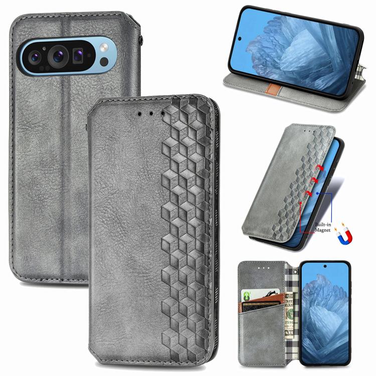Cubic Grid Pressed Magnetic Leather Phone Case, For Google Pixel 10a, For Google Pixel 10 Pro XL, For Google Pixel 9 Pro XL, For Google Pixel 10 / 10 Pro, For Google Pixel 9 / 9 Pro