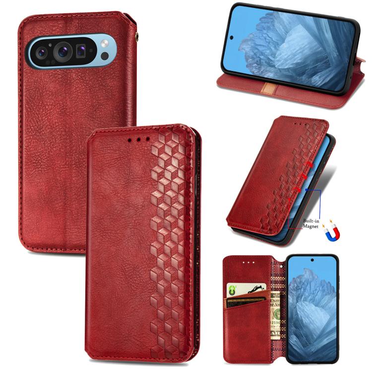 Cubic Grid Pressed Magnetic Leather Phone Case, For Google Pixel 10a, For Google Pixel 10 Pro XL, For Google Pixel 9 Pro XL, For Google Pixel 10 / 10 Pro, For Google Pixel 9 / 9 Pro