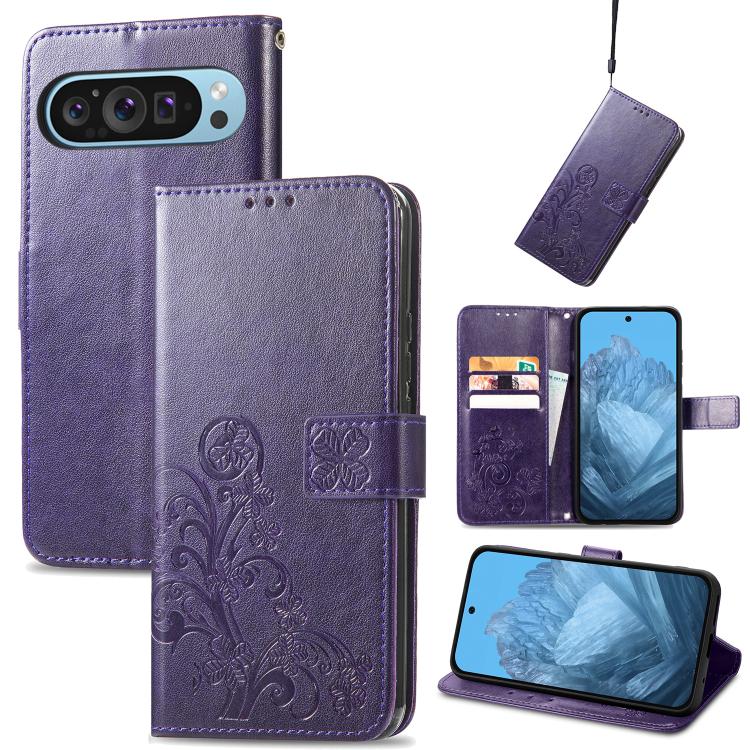 Four-leaf Clasp Embossed Buckle Leather Phone Case, For Google Pixel 10a, For Google Pixel 10 Pro XL, For Google Pixel 10 / 10 Pro