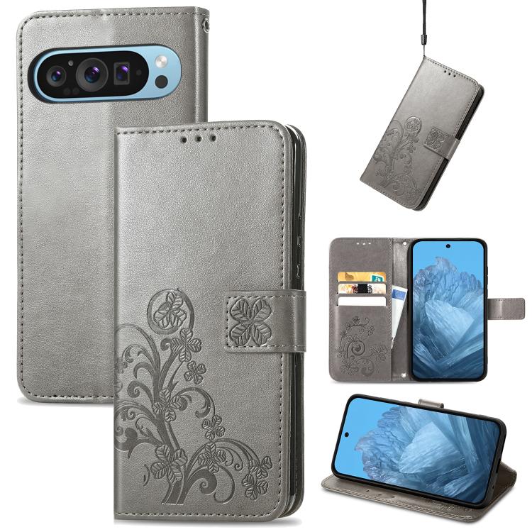 Four-leaf Clasp Embossed Buckle Leather Phone Case, For Google Pixel 10a, For Google Pixel 10 Pro XL, For Google Pixel 10 / 10 Pro