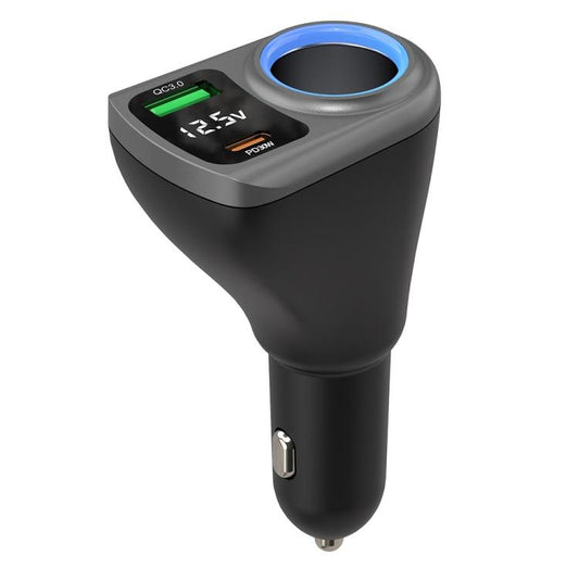 Cargador de coche K29 3 en 1 con divisor de toma de encendedor de cigarrillos, carga rápida y pantalla digital.