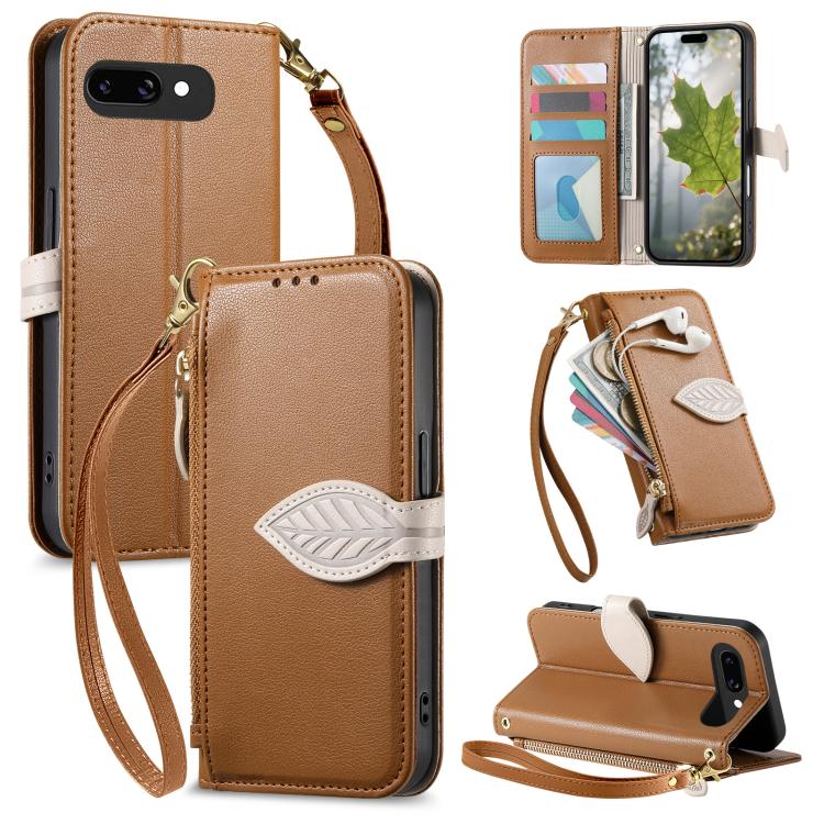Leaf Buckle Zipper Wallet Leather Phone Case with Strap, For Google Pixel 10a, For Google Pixel 10 Pro XL, For Google Pixel 9a, For Google Pixel 9 Pro XL, For Google Pixel 10 / 10 Pro, For Google Pixel 9 / 9 Pro
