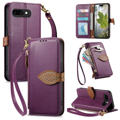 Leaf Buckle Zipper Wallet Leather Phone Case with Strap, For Google Pixel 10a, For Google Pixel 10 Pro XL, For Google Pixel 9a, For Google Pixel 9 Pro XL, For Google Pixel 10 / 10 Pro, For Google Pixel 9 / 9 Pro