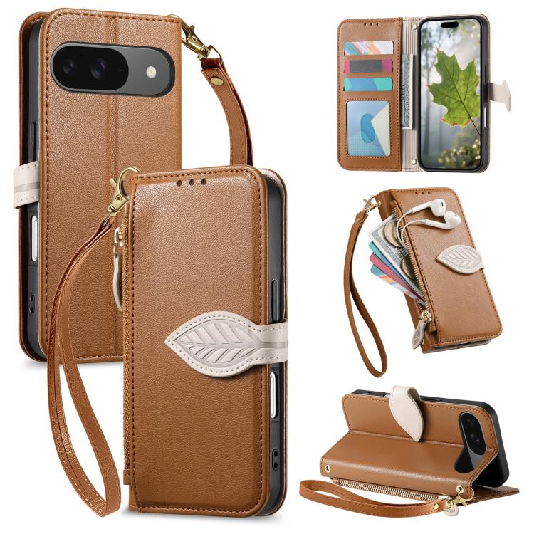 Leaf Buckle Zipper Wallet Leather Phone Case with Strap, For Google Pixel 10a, For Google Pixel 10 Pro XL, For Google Pixel 9a, For Google Pixel 9 Pro XL, For Google Pixel 10 / 10 Pro, For Google Pixel 9 / 9 Pro