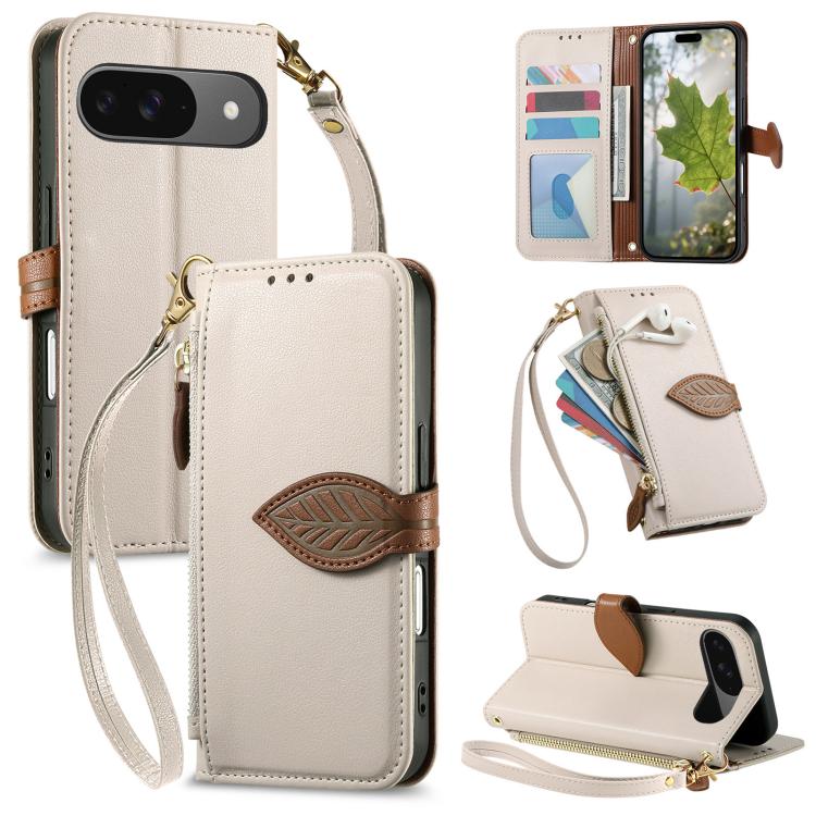 Leaf Buckle Zipper Wallet Leather Phone Case with Strap, For Google Pixel 10a, For Google Pixel 10 Pro XL, For Google Pixel 9a, For Google Pixel 9 Pro XL, For Google Pixel 10 / 10 Pro, For Google Pixel 9 / 9 Pro