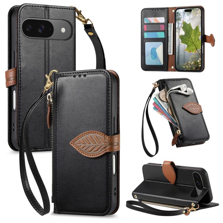 Leaf Buckle Zipper Wallet Leather Phone Case with Strap, For Google Pixel 10a, For Google Pixel 10 Pro XL, For Google Pixel 9a, For Google Pixel 9 Pro XL, For Google Pixel 10 / 10 Pro, For Google Pixel 9 / 9 Pro