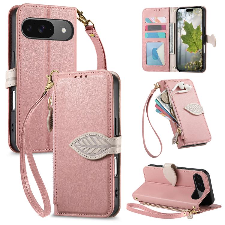 Leaf Buckle Zipper Wallet Leather Phone Case with Strap, For Google Pixel 10a, For Google Pixel 10 Pro XL, For Google Pixel 9a, For Google Pixel 9 Pro XL, For Google Pixel 10 / 10 Pro, For Google Pixel 9 / 9 Pro