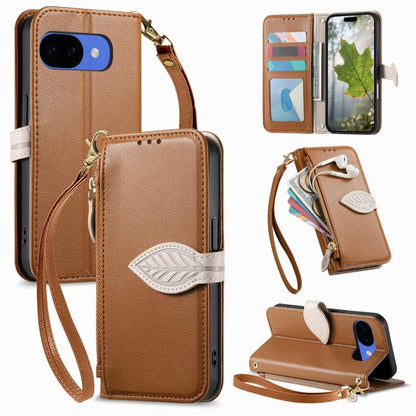 Leaf Buckle Zipper Wallet Leather Phone Case with Strap, For Google Pixel 10a, For Google Pixel 10 Pro XL, For Google Pixel 9a, For Google Pixel 9 Pro XL, For Google Pixel 10 / 10 Pro, For Google Pixel 9 / 9 Pro