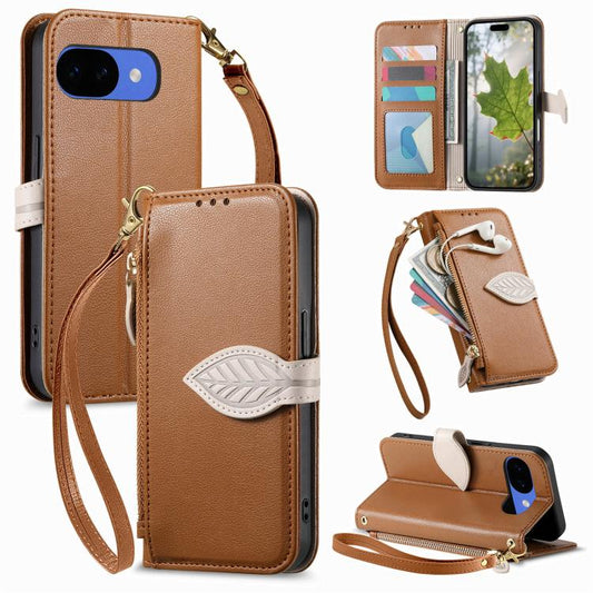 Leaf Buckle Zipper Wallet Leather Phone Case with Strap, For Google Pixel 10a, For Google Pixel 10 Pro XL, For Google Pixel 9a, For Google Pixel 9 Pro XL, For Google Pixel 10 / 10 Pro, For Google Pixel 9 / 9 Pro