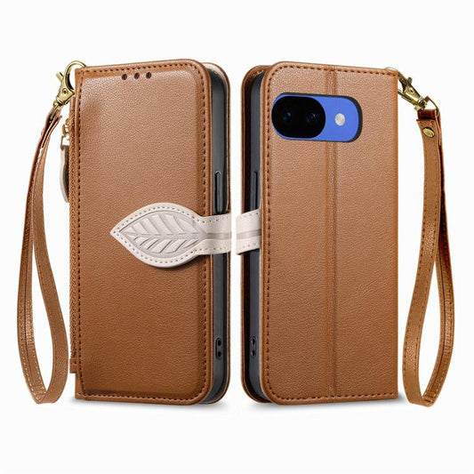 Leaf Buckle Zipper Wallet Leather Phone Case with Strap, For Google Pixel 10a, For Google Pixel 10 Pro XL, For Google Pixel 9a, For Google Pixel 9 Pro XL, For Google Pixel 10 / 10 Pro, For Google Pixel 9 / 9 Pro