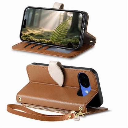 Leaf Buckle Zipper Wallet Leather Phone Case with Strap, For Google Pixel 10a, For Google Pixel 10 Pro XL, For Google Pixel 9a, For Google Pixel 9 Pro XL, For Google Pixel 10 / 10 Pro, For Google Pixel 9 / 9 Pro