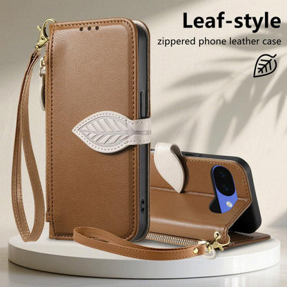 Leaf Buckle Zipper Wallet Leather Phone Case with Strap, For Google Pixel 10a, For Google Pixel 10 Pro XL, For Google Pixel 9a, For Google Pixel 9 Pro XL, For Google Pixel 10 / 10 Pro, For Google Pixel 9 / 9 Pro
